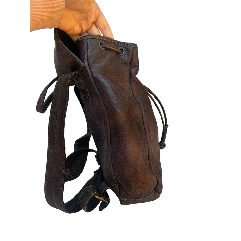 Vtg HOBO International Brown Leather Backpack Distressed Slouch Drawstring Bag